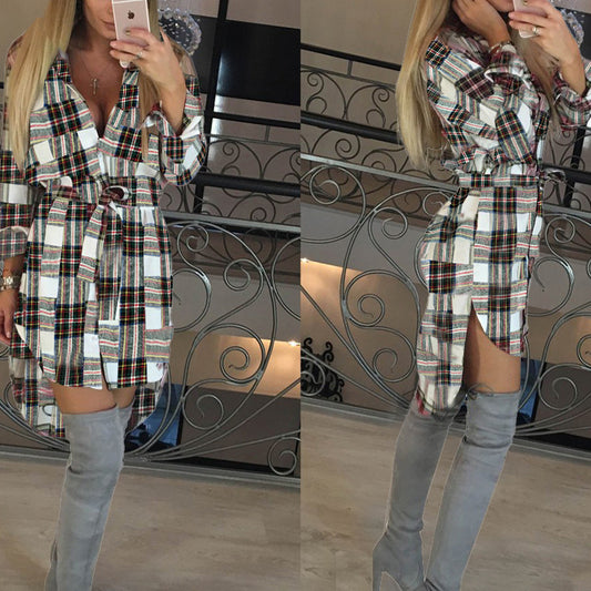 FC075 Spot 2025 Fall/Winter New Cross Border Women's Fashion Temperament Lapel Long Sleeve Midi Plaid Shirt