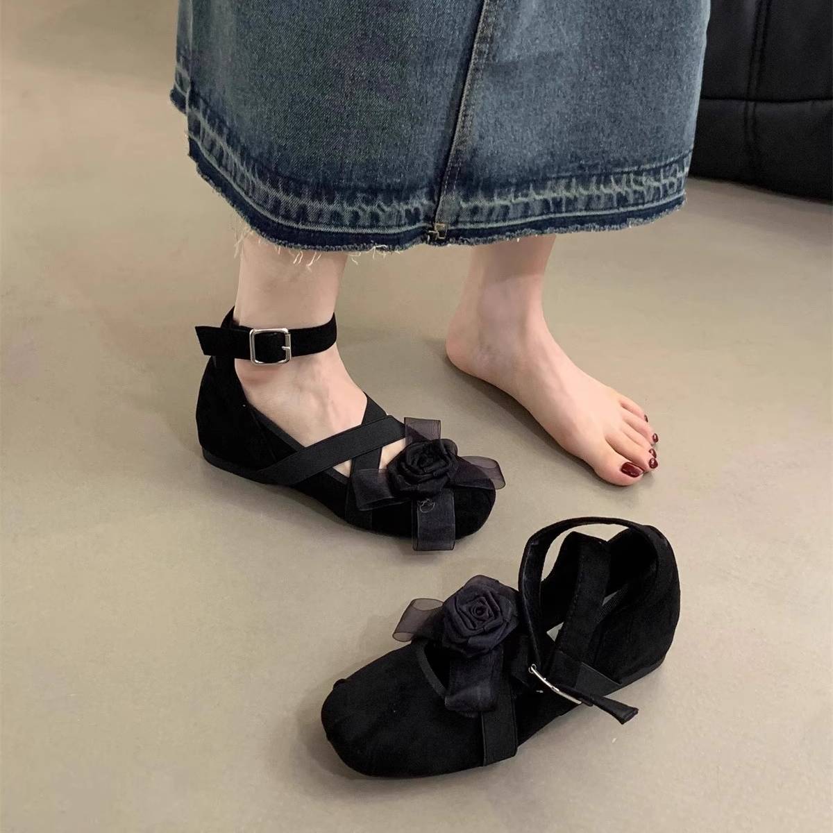 Mary Jane Single Shoes Women's Spring 2025 Ankle Strap Ballet Shoes French Pumps Vintage Flat Shoes