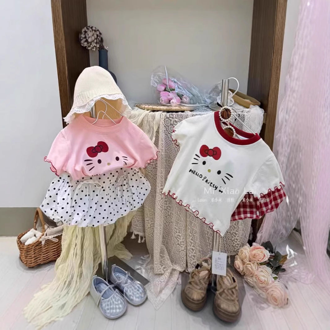 Korean girl fungus kt cat print short sleeve cotton T-shirt baby girl cute foreign and versatile cartoon top