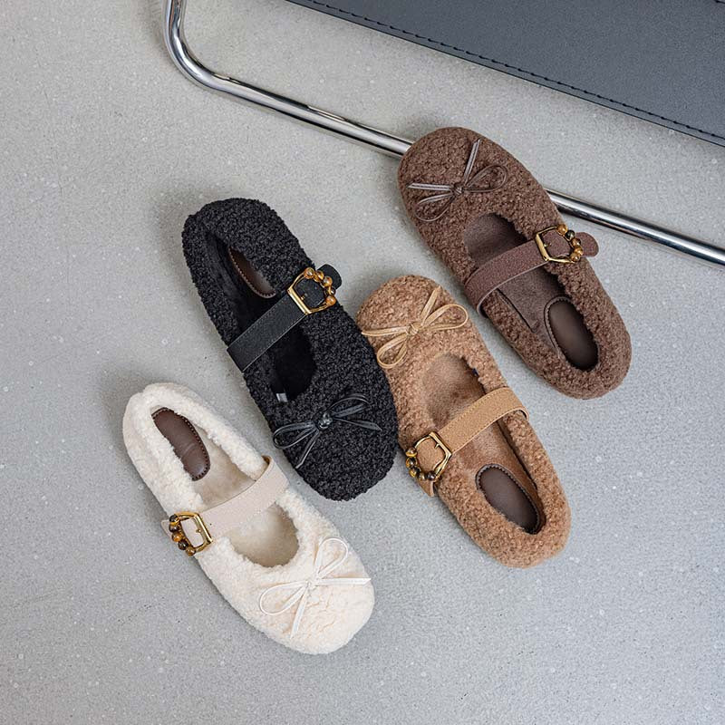 9727 Korean bow cashmere wool shoes women's 2025 autumn and winter new flat one-button Mary Jane shoes