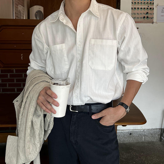ASCLO Spring/Summer Simple Shirt Men's Korean Linen White Shirt Casual, Versatile, Handsome Lapels, Luxury