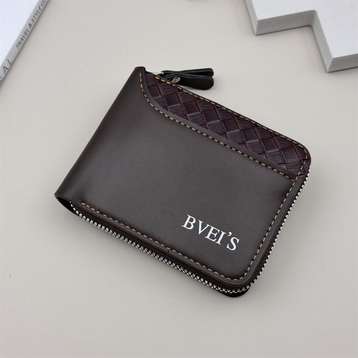 2024 new cross-border wallet men's short horizontal zipper wallet, bi-fold coin wallet, woven pattern stitching wallet