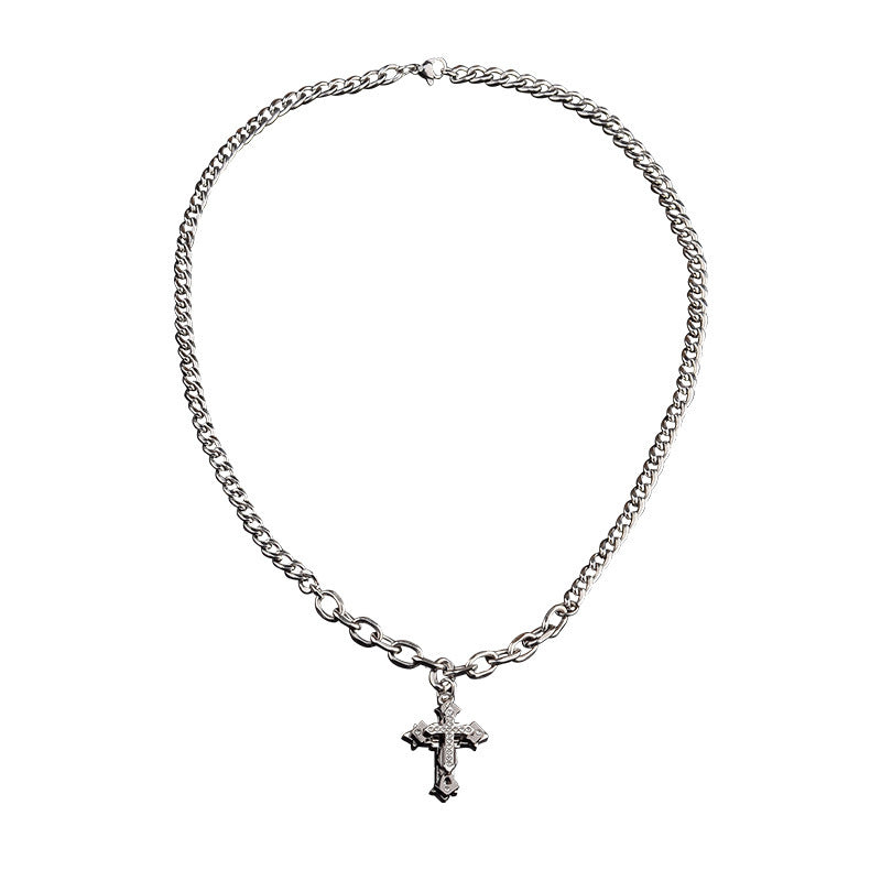 European and American personality trend double chain splicing diamond three-layer cross pendant necklace men's hip hop trendy cool versatile necklace