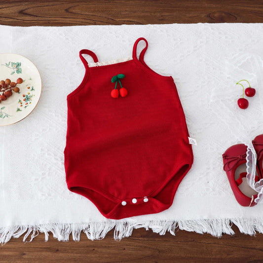 Baby clothes summer thin bag fart clothes newborn baby girl cherry full moon 100 days suspender clothes one-piece