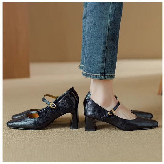 Soft sheepskin black high heels 2025 spring and autumn new French retro block heel strap Mary Jane women's singles