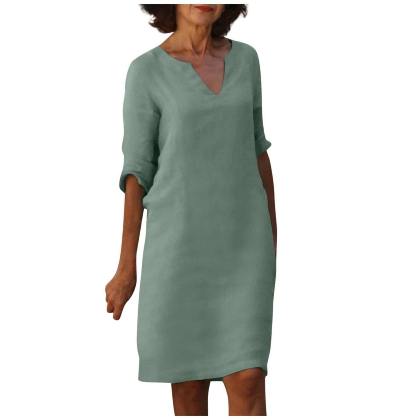 Amazon European and American cotton and linen V-neck stitching retro high-waisted solid color three-quarter sleeve dress cotton and linen wash crinkled fabric