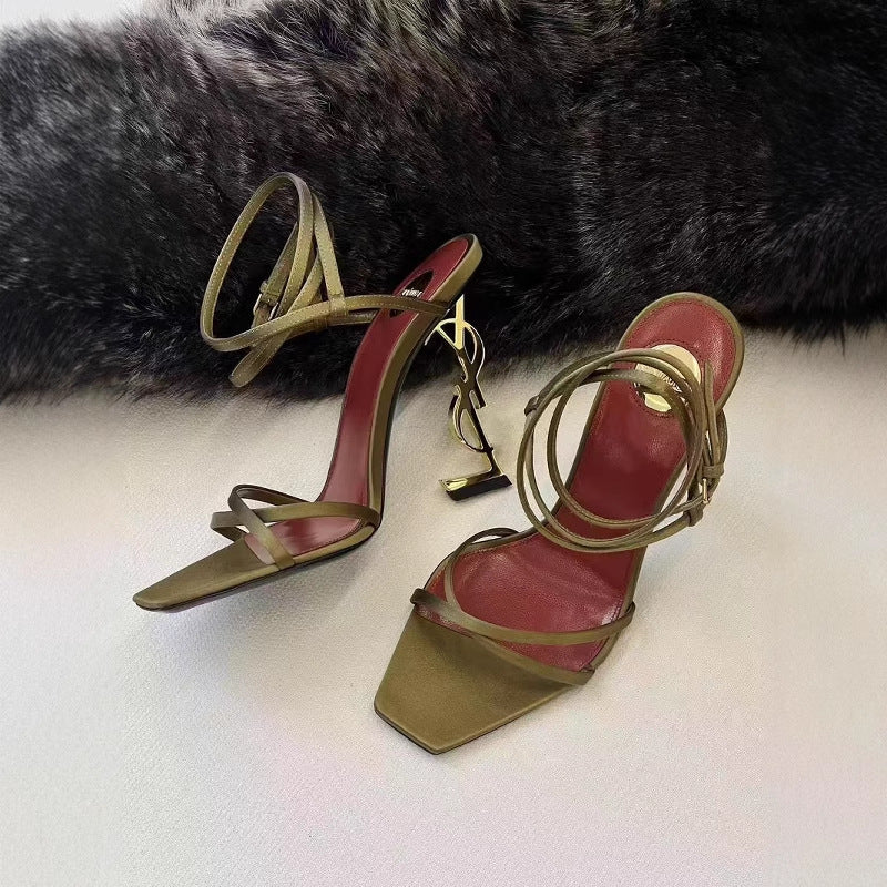 Gold letter heel sandals women's 2025 European and American new temperament cross open toe with thin heel sexy royal sister