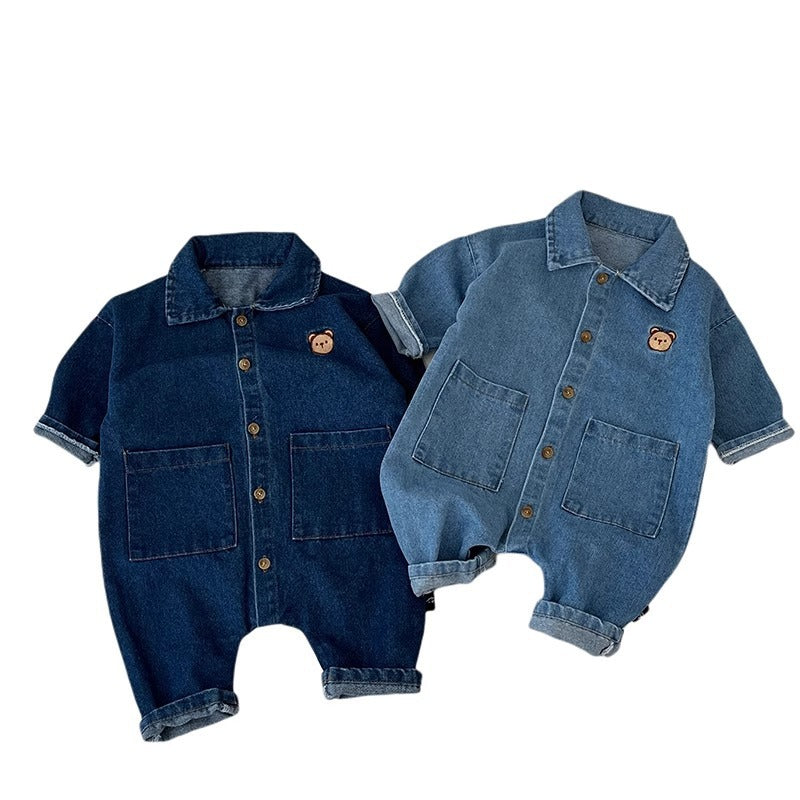 Baby onesies, spring and autumn denim bears, babies and toddlers, go out, hats, onesies, men's and women's baby climbing clothes