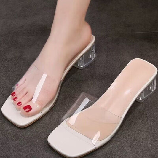 High Heels Women's 2024 Transparent High Heels Sandals New Summer Mid Heel Straight Strap Block Heel Slippers Women's Crystal Sexy