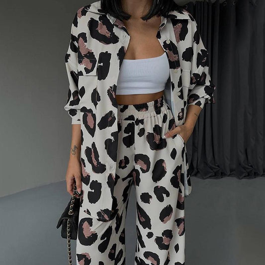 European and American casual suits, foreign trade women's clothing, 2023 autumn new products, printed design, long-sleeved shirt, wide-leg pants, two-piece set