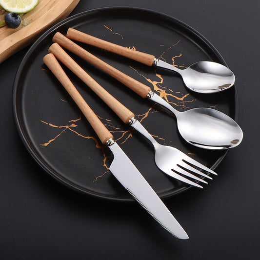 Beech handle cutlery knife, fork and spoon set Japanese style small waist wooden handle fork soup spoon steak knife fork western tableware