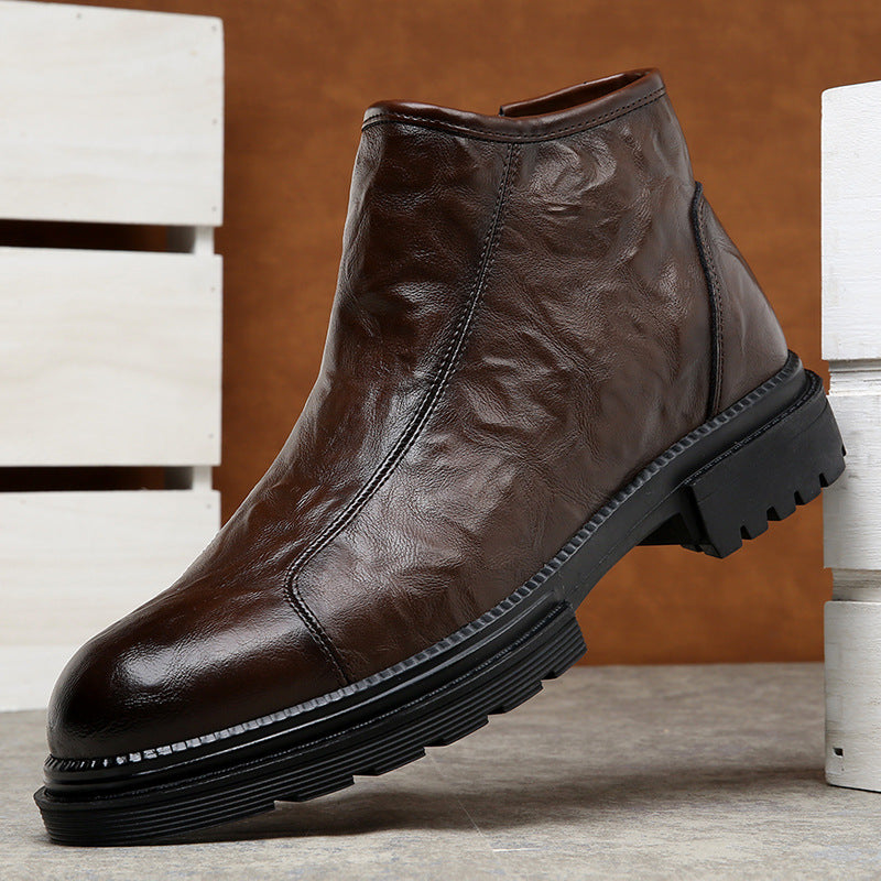 Side zipper martin boots men's velvet english leather cargo biker boots winter increase high top chelsea boots