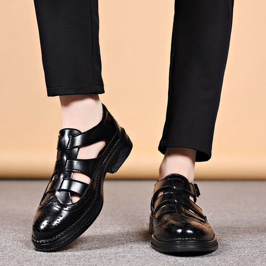 Beach shoes men's sandals retro baotou business dress leather sandals genuine leather korea trend version hollow leather shoes men's handmade