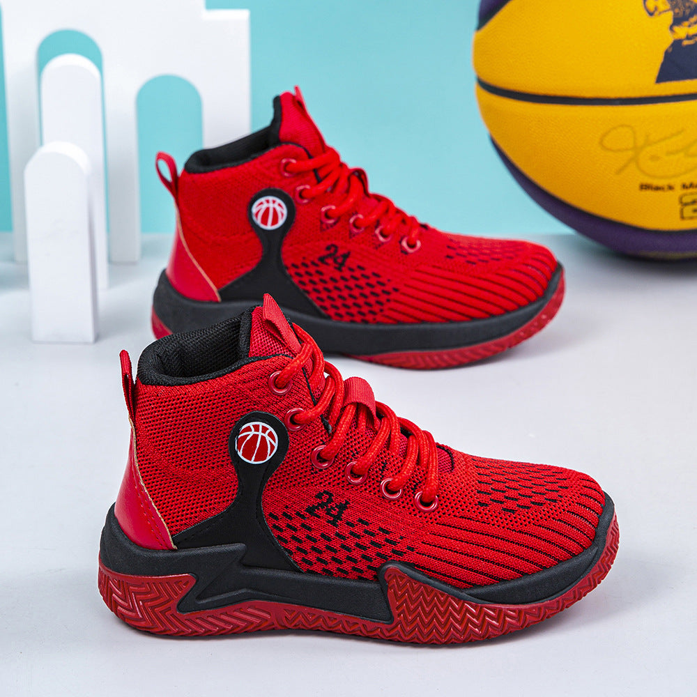 Cross-border children's basketball shoes spring fly-woven mesh breathable lightweight running shoes mid-top platform rebound sports shoes