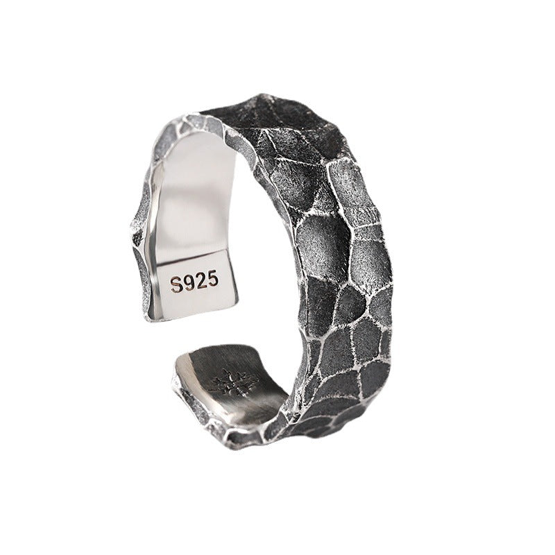 925 Thai Silver Hammer Ring Men's Tide Ins Live Mouth Adjustable Men's Opening Personality Vintage Silver Men's Ring
