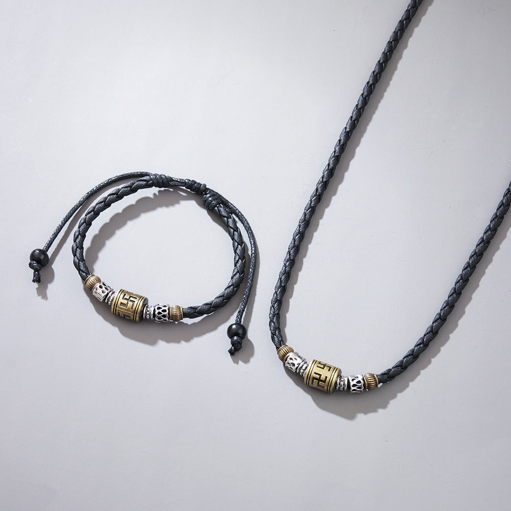 Swastika totem Tibetan vintage necklace European and American cross-border metal pendant woven wax rope adjustable necklace jewelry men