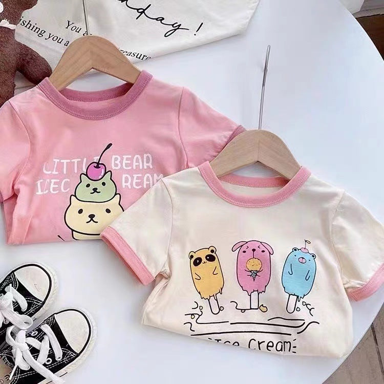 100% cotton girls short sleeve t-shirt cartoon print kids baby small kids loose and versatile top summer dress