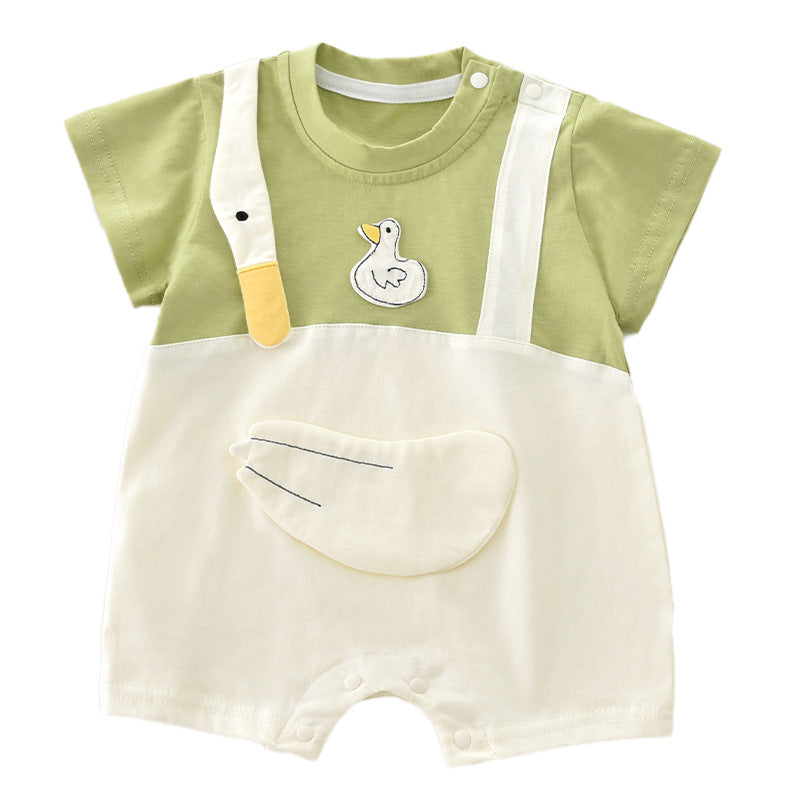Newborn super cute summer clothes, baby thin onesies, full moon 100 days, fashion short-sleeved swan shoulder buckles, out of climbing clothes