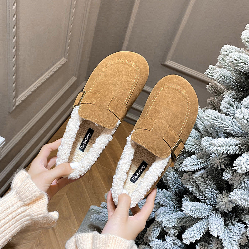 Birkenstock women's 2023 new autumn and winter maternity shoes one-foot pedal women's shoes plus fleece bean soft-soled Birkenstock shoes are all-inclusive