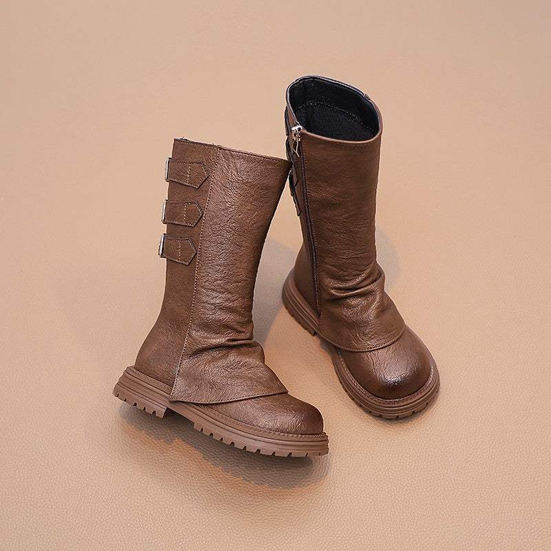 Girls' stacked shoes 2025 autumn and winter new Maillard children's Martin boots for little girls with leg and two cotton high boots