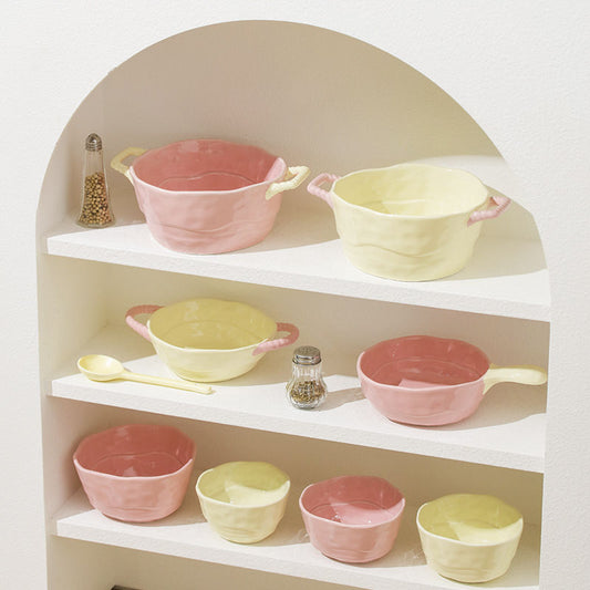 ins color-blocked ceramic handle bowl baking bowl with handle instant noodle bowl with handle atmosphere sense of high value salad fruit yogurt bowl