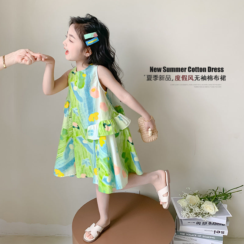 Girls Summer Dress 2025 New Style Foreign Girl Seaside Vacation Dress Summer Children's Colorful Sleeveless Skirt