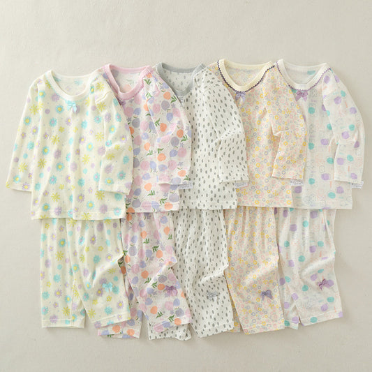 Baby long sleeve suit, cotton summer thin girl air conditioning suit, two-piece high waist belly protection baby loungewear pajamas
