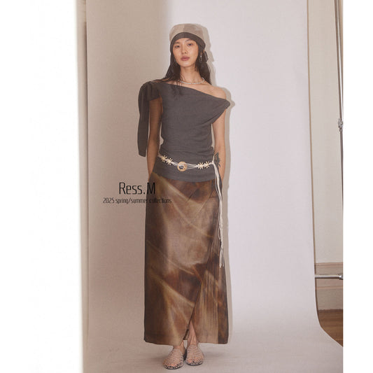 Ress.M's thirteen-line minimalist blended niche rear slit straight-leg casual Tencel gradient printed skirt