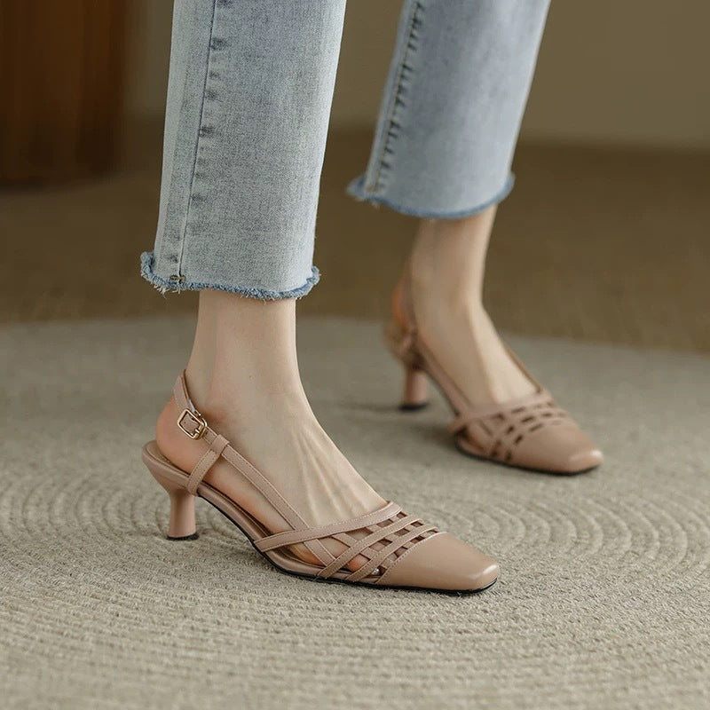 Giant thin ~ soft leather French baotou hollow sandals women's 2025 summer apricot color versatile woven hollow stiletto heels