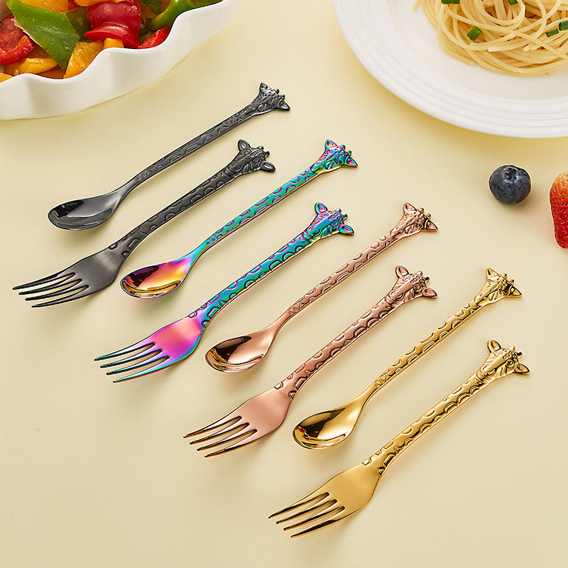 Giraffe Handle Coffee Cute Stirring Dessert Spoon Gold Cartoon Creative Cake 304 Stainless Steel Fork Spoon