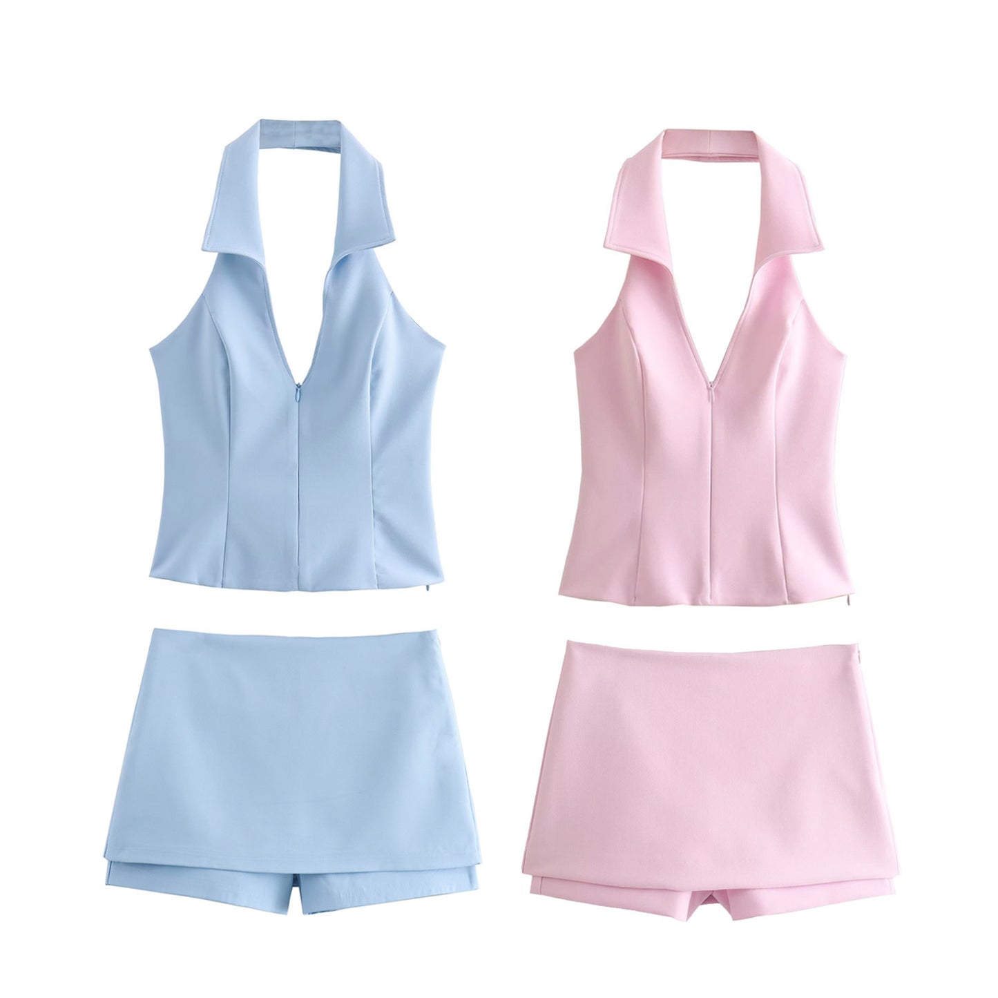 Foreign trade 2024 summer new women's V-neck sexy leaky back halterneck small top stacked culottes set 2796777