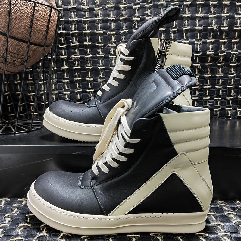 RO classic thin-soled inverted triangle autumn and winter high-top men's shoes black and white cowhide plus-size European and American fan casual couple trendy
