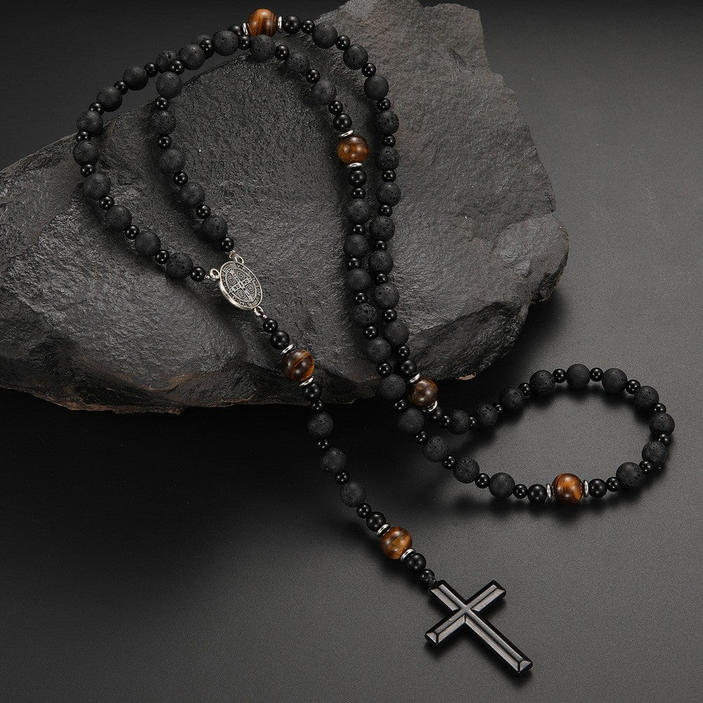 Cross-border Amazon same natural stone black volcanic rock yellow tiger eye iron stone cross religious men's necklace