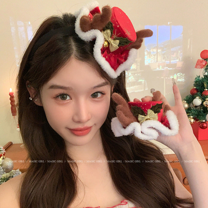Christmas forest antler hat hairpins with cute plush three-dimensional Santa hat headdresses with sweet hairpins
