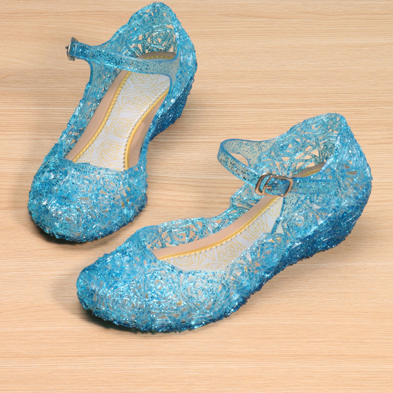Girls' sandals, summer frozen, non-slip Princess Aisha shoes, fashion high heeled sandals, Cinderella hole sandals