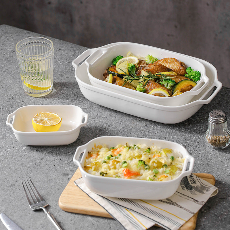 Simple pure white ceramic rectangular amphora baking dish cheese baking bowl high temperature resistant home baking bowl snack bowl steamed fish plate