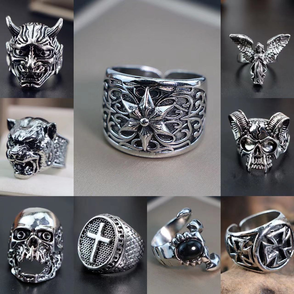 European and American cross-border men's trend metal rings Retro cool and handsome design sense totem geometric men's ring collection