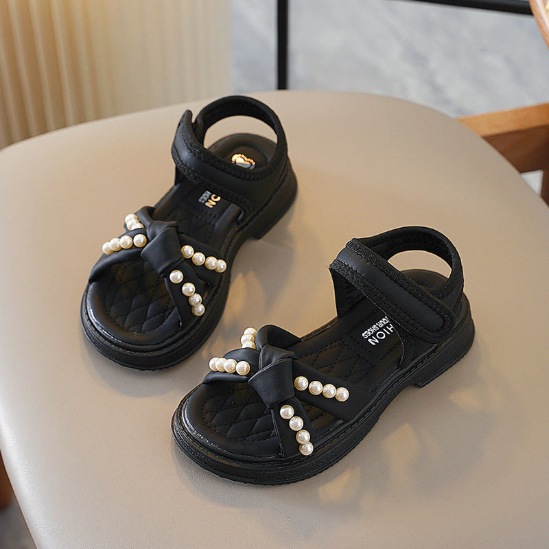 Girls' shoes 2025 summer new children's sandals soft soles pearl little girls princess shoes middle and big kids beach shoes