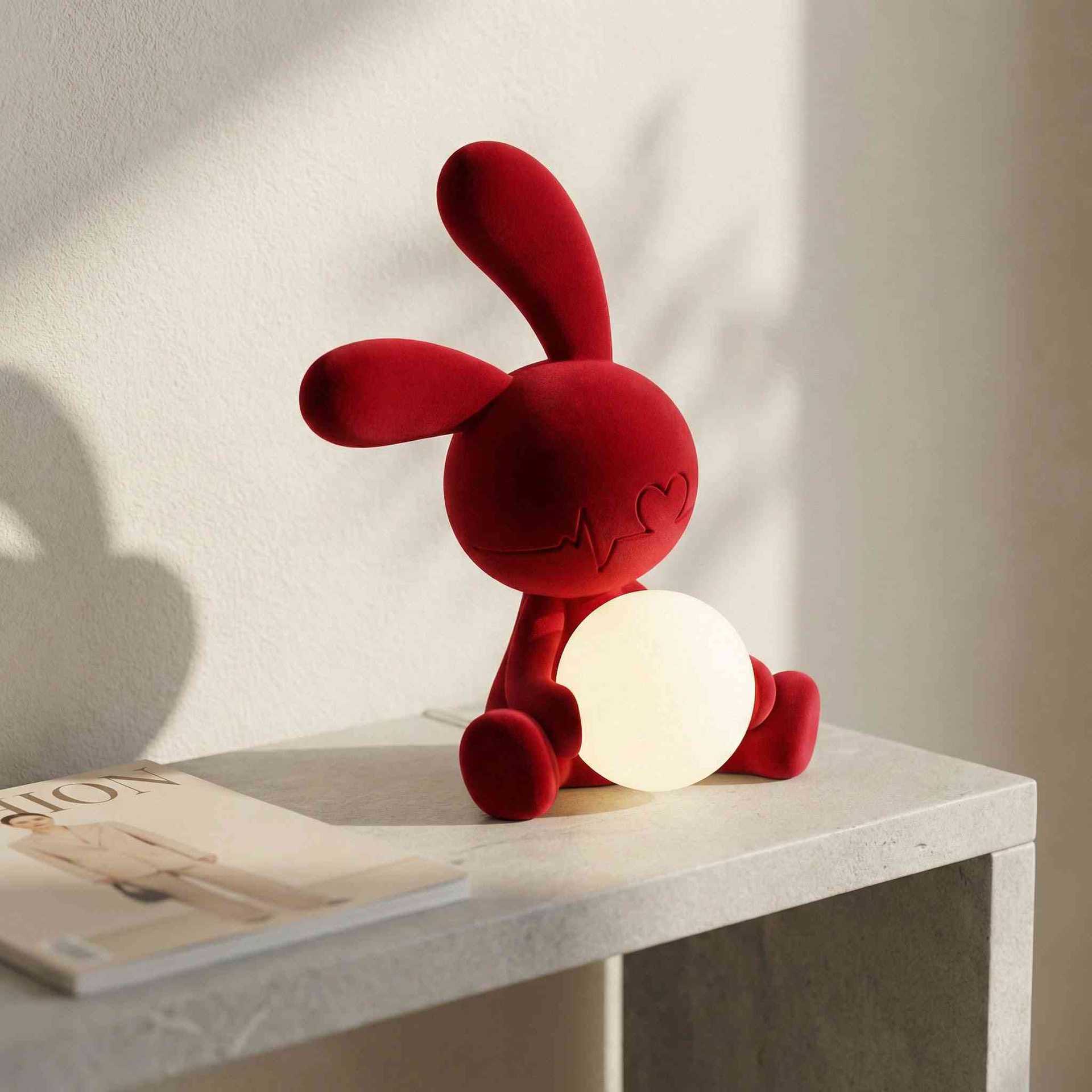 Red flocked cute rabbit night light resin desktop ornament bedroom decoration creative animal shape