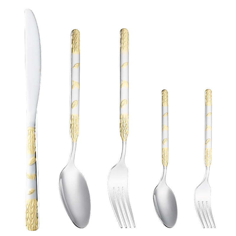 Vintage round handle wheat ears stainless steel cutlery spoon set home dessert spoon fork hotel western steak cutlery cutlery