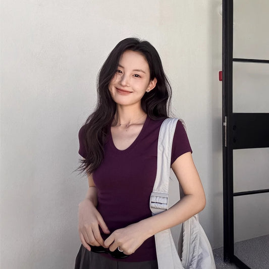 U-neck high-elastic shoulder slim T-shirt DIGM spring and summer hot minimalist slim base shirt short sleeve T-shirt women's 60382