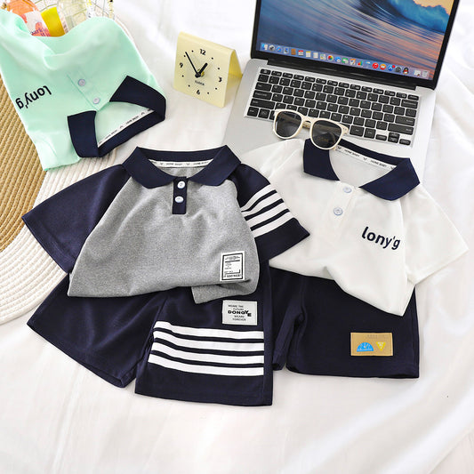 Children's Summer Short Sleeve Shorts Set 2025 New Medium and Large Kids Lapel T-Shirt Big Kids Children's Clothing Two Piece Set Wholesale