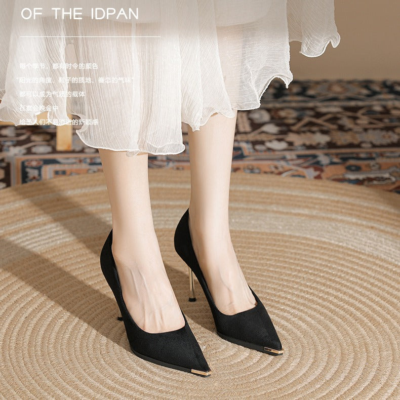 Naipai French Single Shoes Black Pointed Toe Heels Women's Stiletto Heels New Spring 2024 Professional Metal Decorations