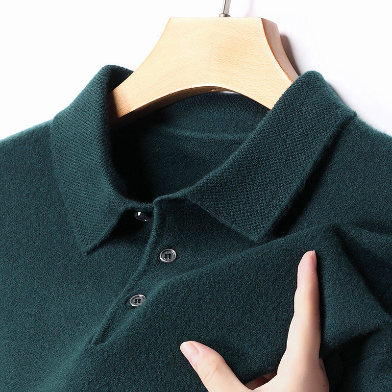 New cross-border autumn and winter wool lapel long sleeve men's knitted polo shirt solid color middle-aged base sweater men's clothing