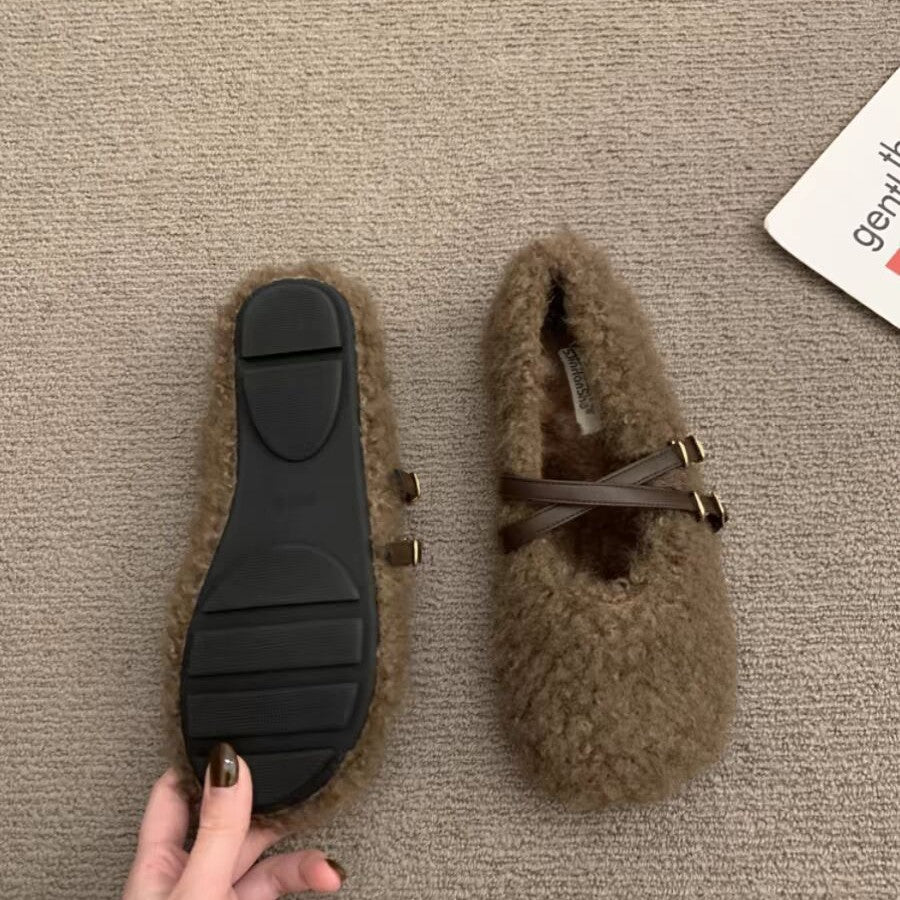 French evening breeze cross-buckle Mary Jane cotton shoes women's 2024 fall/winter new comfortable and versatile fur shoes