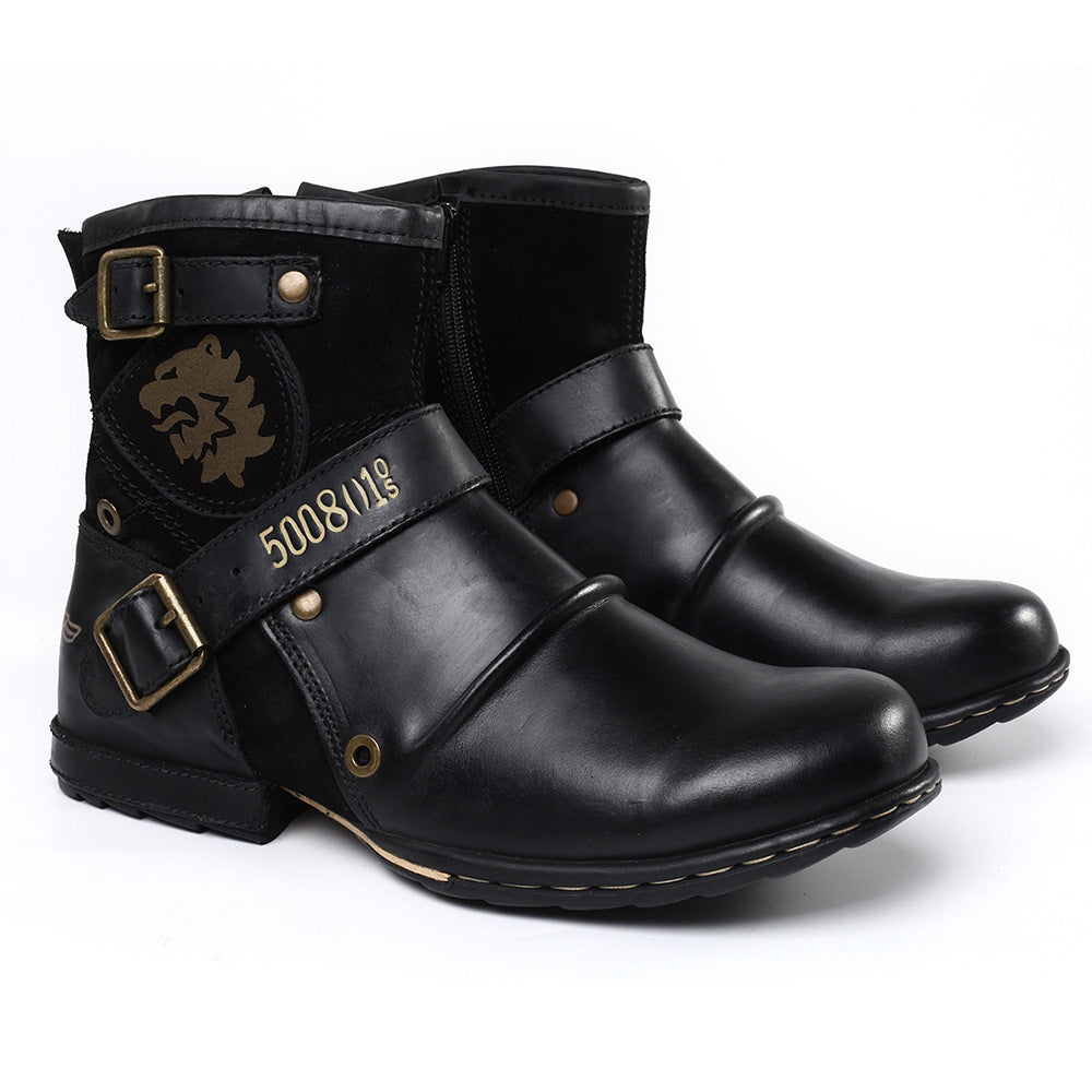 HPIOPL Cross Border 5008 Cross Border Round Toe Vintage Metal Buckle Side Zipper Men's Boots Martin Boots Men