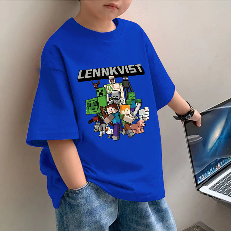 Cotton new boys short sleeve T-shirt summer minecraft print children's loose tide big kids loose top