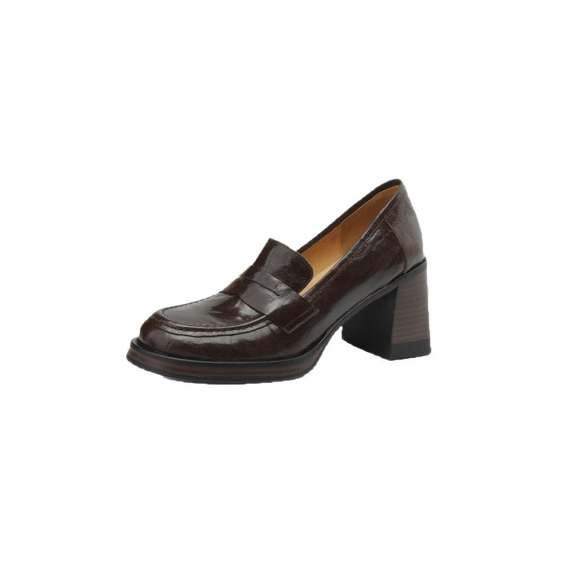 [8cm silent heel] thick heel loafers versatile commuting retro top layer soft leather high heel one foot leather shoe woman