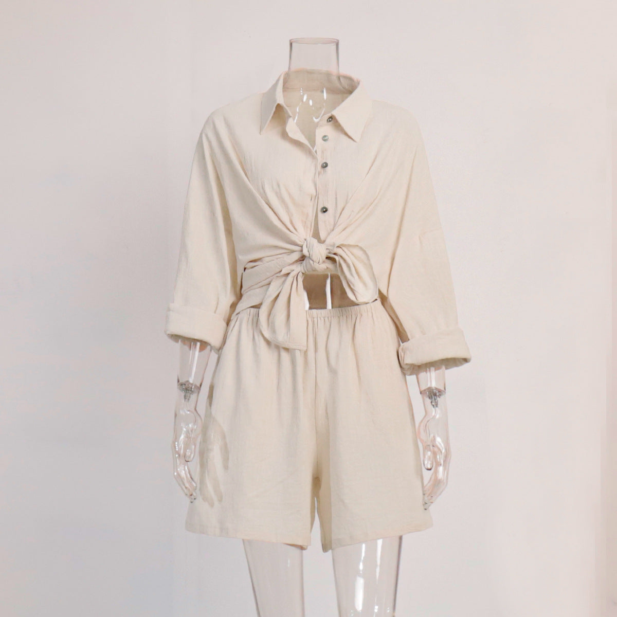 Cross-border shirt set Europe and the United States 2025 summer new women's vacation casual loose long-sleeved shirt + shorts set