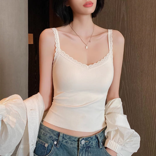 Korean ins style thread V-neck suspender women's back lace neckline, basic versatile, comfortable inner with a small vest